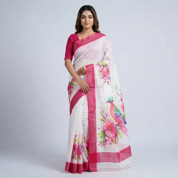 White_And_Pink_Pure_Jamdhani_Cotton_Saree_Matching_Blouse_Piece_For_Women