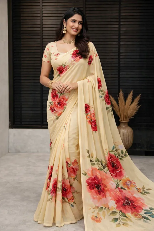 Cream_Pure_Georgette_Saree_Matching_Blouse_Piece_For_Women