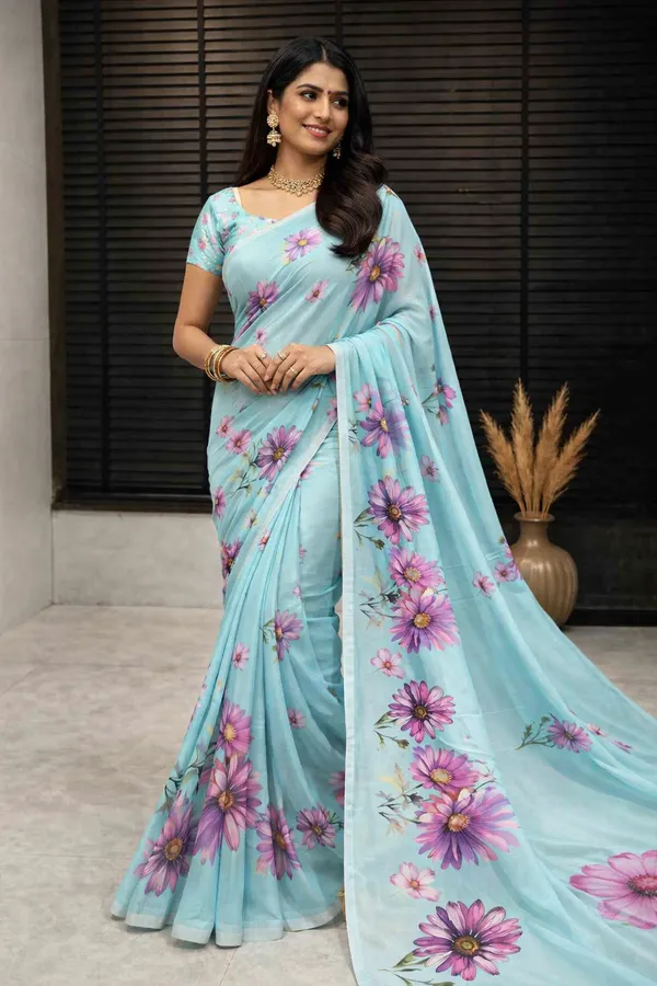 Sky_Blue_Pure_Georgette_Saree_Matching_Blouse_Piece_For_Women
