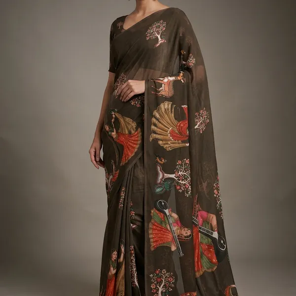 Brown_Moss_Silk_Crepe_Saree_Matching_Blouse_Piece_For_Women
