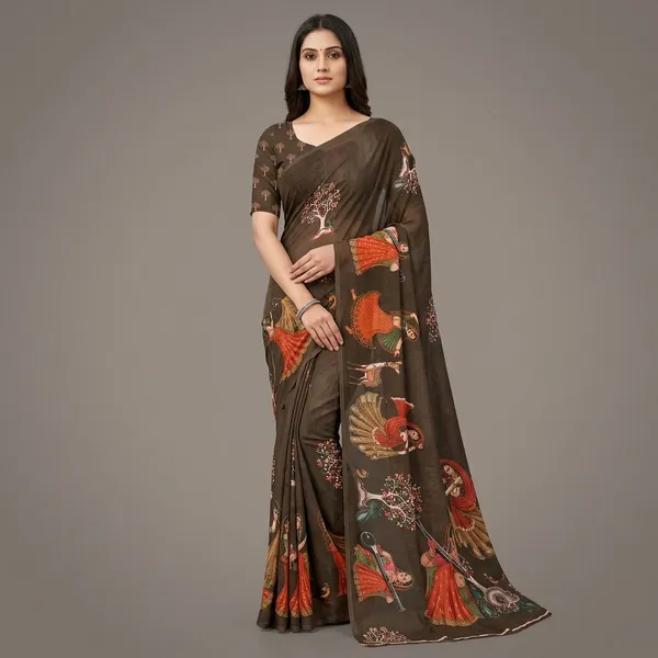 Brown_Moss_Silk_Crepe_Saree_Matching_Blouse_Piece_For_Women
