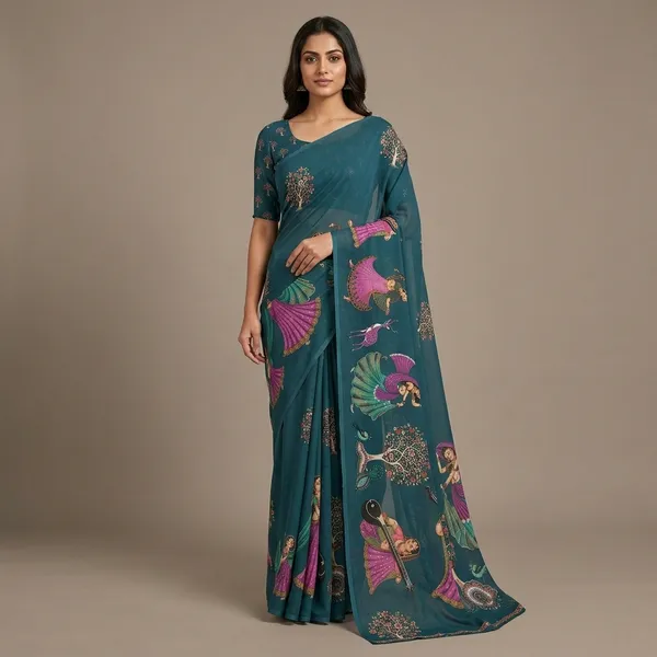 Teal_Moss_Silk_Crepe_Saree_Matching_Blouse_Piece_For_Women