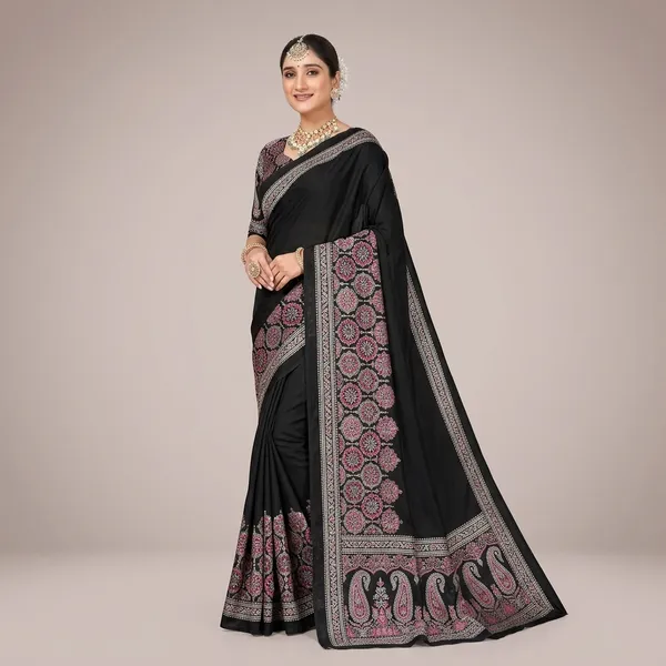 Black_And_Pink_Moss_Silk_Crepe_Saree_Matching_Blouse_Piece_For_Women