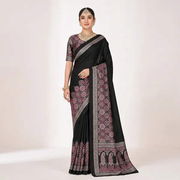 Black_And_Pink_Moss_Silk_Crepe_Saree_Matching_Blouse_Piece_For_Women