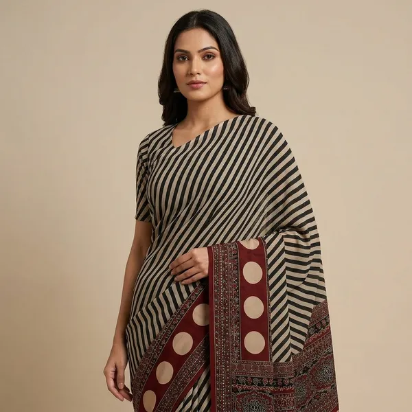 Black_And_Beige_Moss_Silk_Crepe_Saree_Matching_Blouse_Piece_For_Women