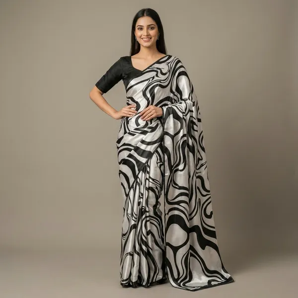 Black_And_White_Moss_Silk_Crepe_Saree_Matching_Blouse_Piece_For_Women