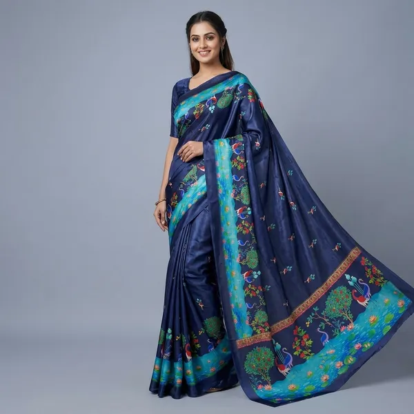 Navy_Blue_Moss_Silk_Crepe_Saree_Matching_Blouse_Piece_For_Women