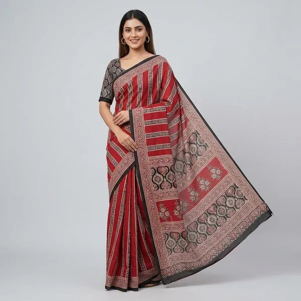 Red_And_Black_Moss_Silk_Crepe_Saree_Matching_Blouse_Piece_For_Women
