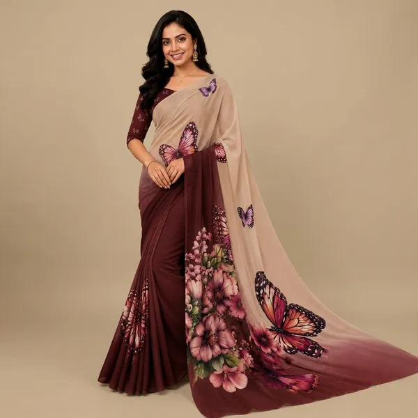 Beige_And_Maroon_Pure_Georgette_Saree_Matching_Blouse_Piece_For_Women