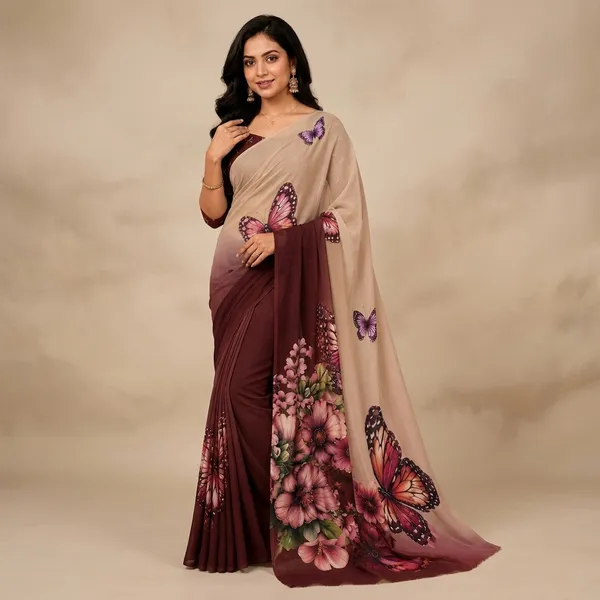 Beige_And_Maroon_Pure_Georgette_Saree_Matching_Blouse_Piece_For_Women