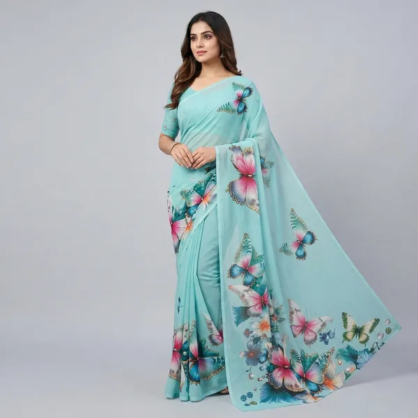 Sky_Blue_Pure_Georgette_Saree_Matching_Blouse_Piece_For_Women