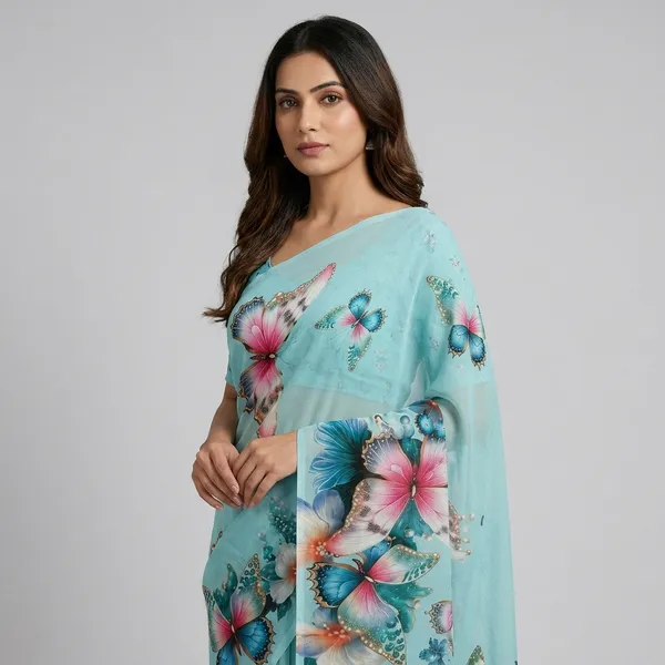 Sky_Blue_Pure_Georgette_Saree_Matching_Blouse_Piece_For_Women