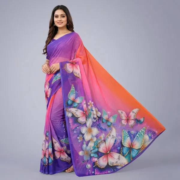 Purple_And_Orange_Pure_Georgette_Saree_Matching_Blouse_Piece_For_Women
