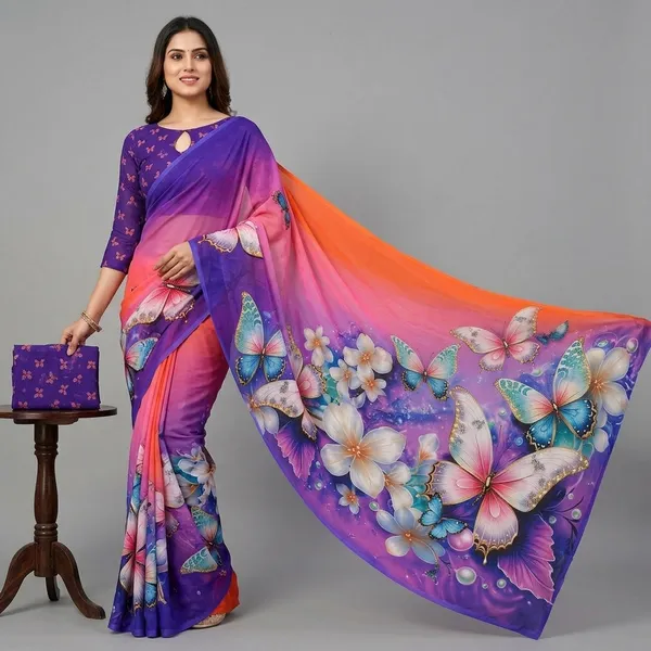 Purple_And_Orange_Pure_Georgette_Saree_Matching_Blouse_Piece_For_Women
