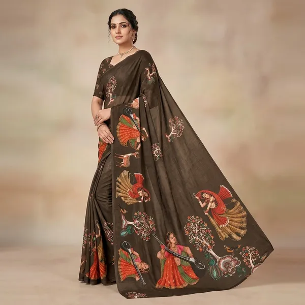 Brown_Moss_Silk_Crepe_Saree_Matching_Blouse_Piece_For_Women