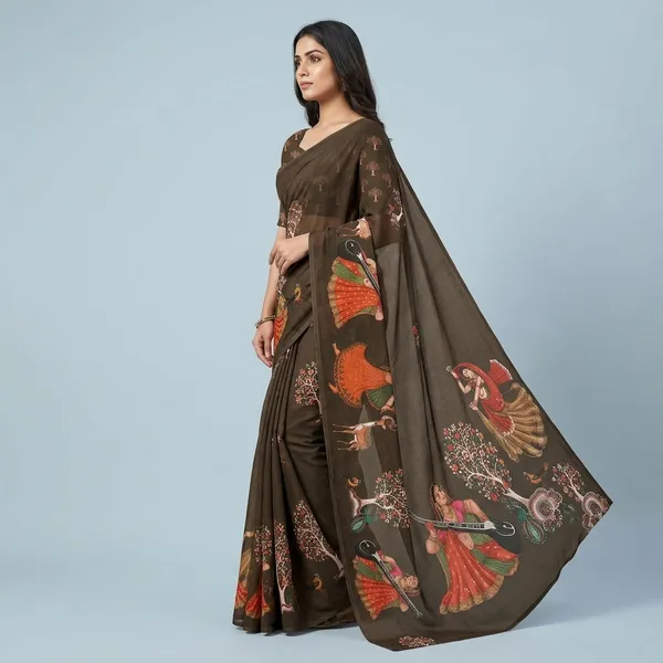 Brown_Moss_Silk_Crepe_Saree_Matching_Blouse_Piece_For_Women