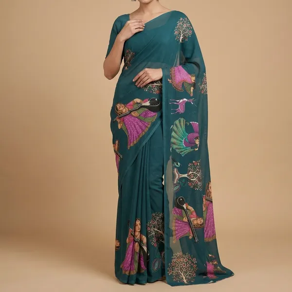 Teal_Moss_Silk_Crepe_Saree_Matching_Blouse_Piece_For_Women