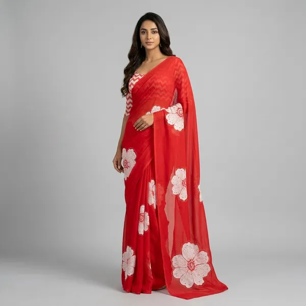 Red_Pure_Georgette_Saree_Matching_Blouse_Piece_For_Women