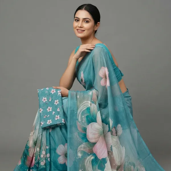 Aqua_Blue_Pure_Georgette_Saree_Matching_Blouse_Piece_For_Women