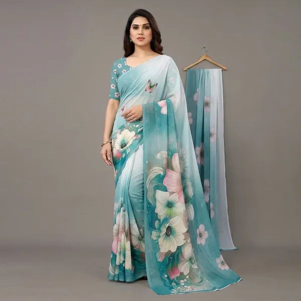 Aqua_Blue_Pure_Georgette_Saree_Matching_Blouse_Piece_For_Women