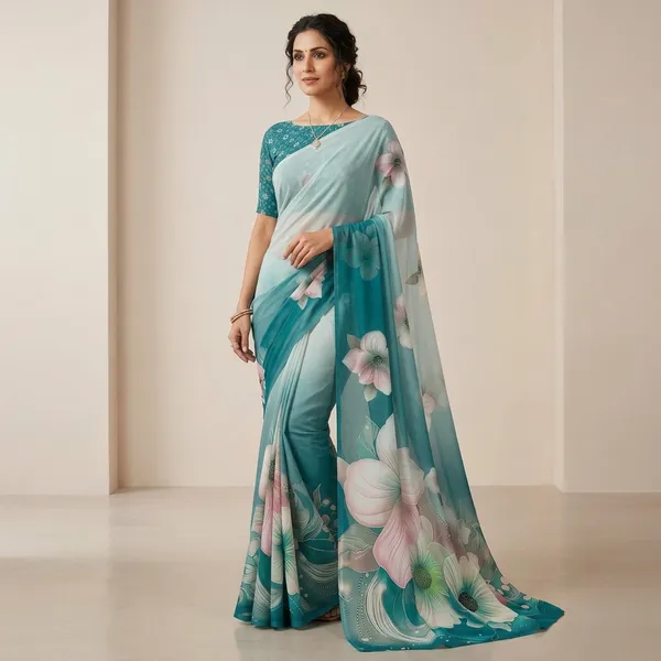 Teal_Pure_Georgette_Saree_Matching_Blouse_Piece_For_Women