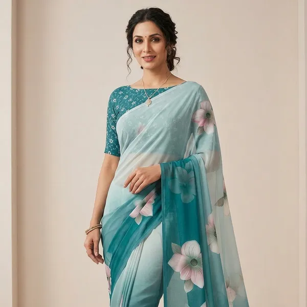 Teal_Pure_Georgette_Saree_Matching_Blouse_Piece_For_Women