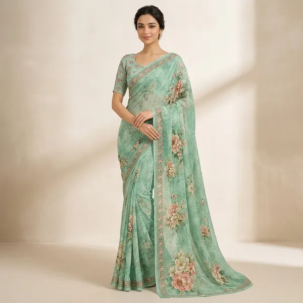 Mint_Green_Pure_Georgette_Saree_Matching_Blouse_Piece_For_Women