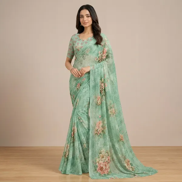 Mint_Green_Pure_Georgette_Saree_Matching_Blouse_Piece_For_Women