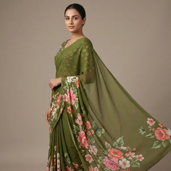 Olive_Green_Pure_Georgette_Saree_Matching_Blouse_Piece_For_Women