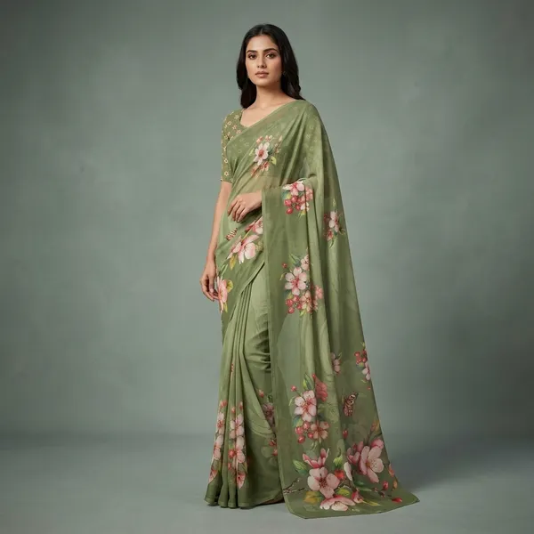 Olive_Green_Pure_Georgette_Saree_Matching_Blouse_Piece_For_Women