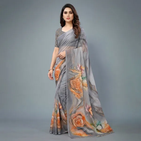 Grey_Pure_Georgette_Saree_Matching_Blouse_Piece_For_Women