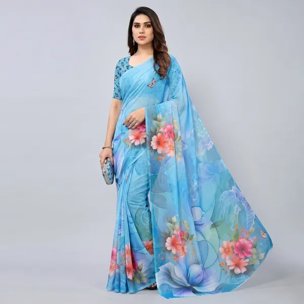 Sky_Blue_Pure_Georgette_Saree_Matching_Blouse_Piece_For_Women