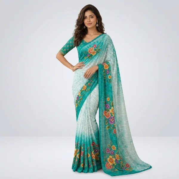 White_Pure_Georgette_Saree_Matching_Blouse_Piece_For_Women
