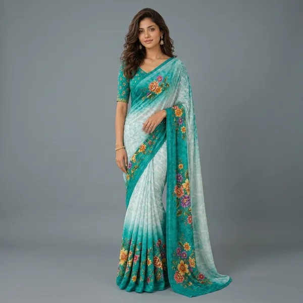 White_Pure_Georgette_Saree_Matching_Blouse_Piece_For_Women