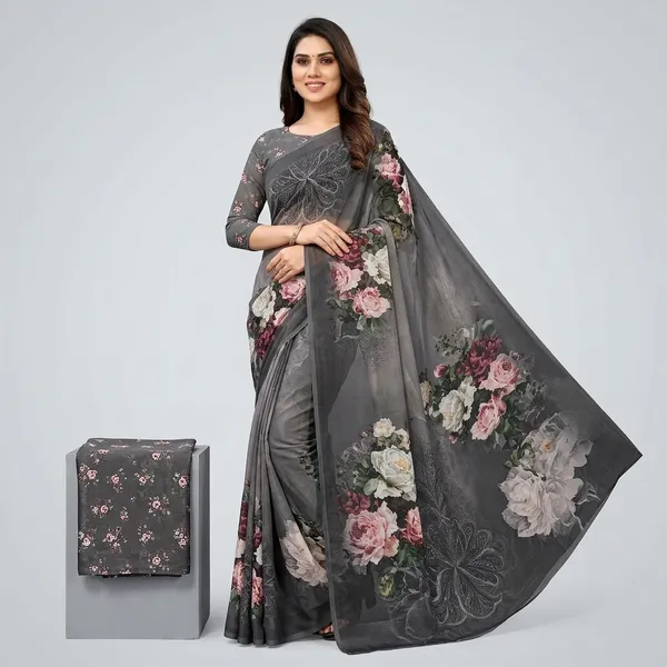 Grey_Pure_Georgette_Saree_Matching_Blouse_Piece_For_Women