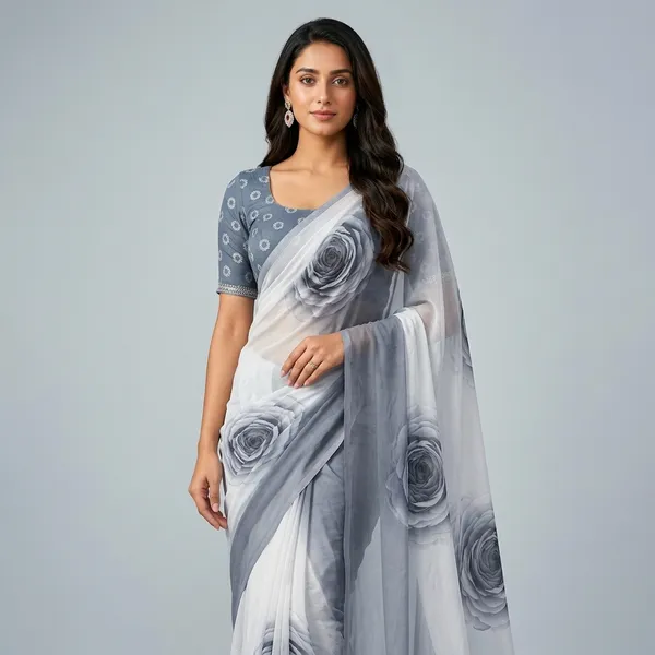 White_And_Grey_Pure_Georgette_Saree_Matching_Blouse_Piece_For_Women