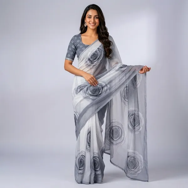 White_And_Grey_Pure_Georgette_Saree_Matching_Blouse_Piece_For_Women