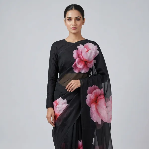 Black_And_Pink_Pure_Georgette_Saree_Matching_Blouse_Piece_For_Women