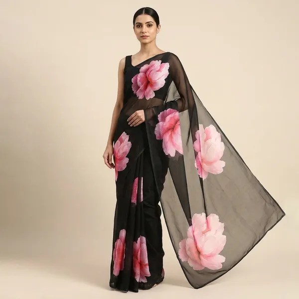 Black_And_Pink_Pure_Georgette_Saree_Matching_Blouse_Piece_For_Women