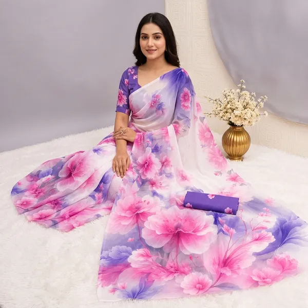 Pink_And_Blue_Pure_Georgette_Saree_Matching_Blouse_Piece_For_Women