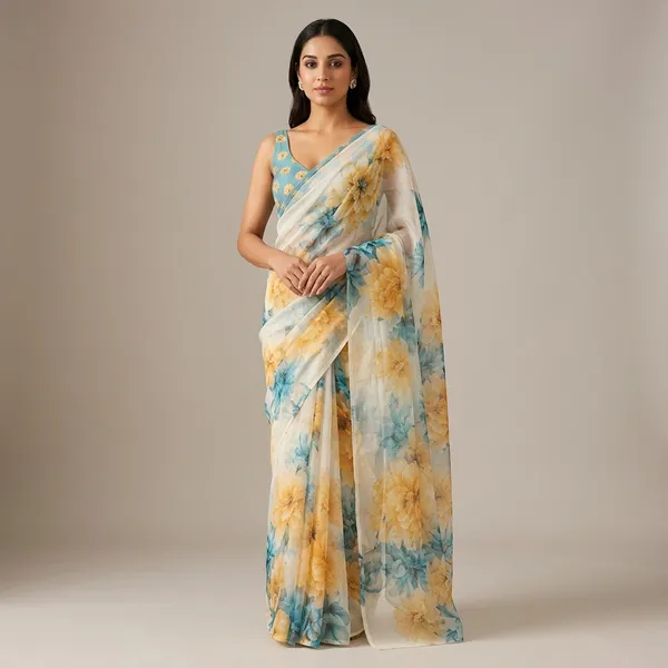 Cream_Pure_Georgette_Saree_Matching_Blouse_Piece_For_Women
