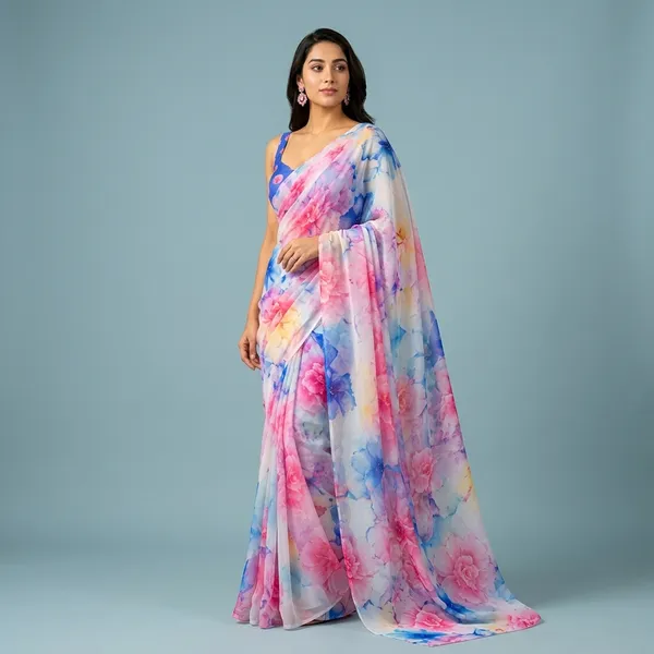 Pink_And_Blue_Pure_Georgette_Saree_Matching_Blouse_Piece_For_Women