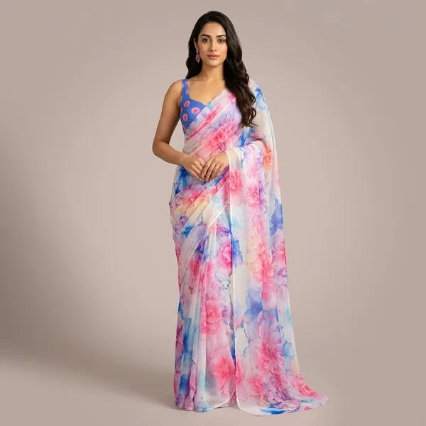 Pink_And_Blue_Pure_Georgette_Saree_Matching_Blouse_Piece_For_Women