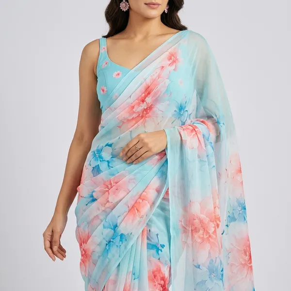 Sky_Blue_Pure_Georgette_Saree_Matching_Blouse_Piece_For_Women
