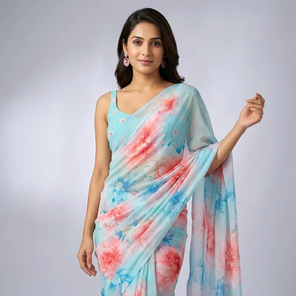 Sky_Blue_Pure_Georgette_Saree_Matching_Blouse_Piece_For_Women
