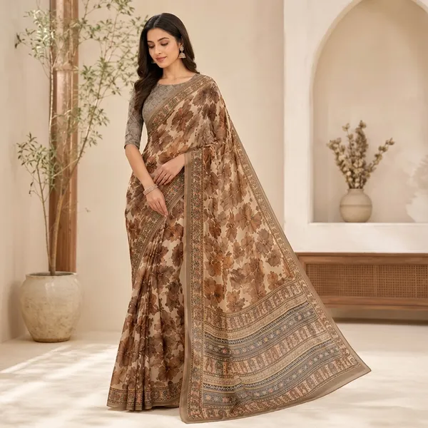 Brown_And_Beige_Pure_Georgette_Saree_Matching_Blouse_Piece_For_Women