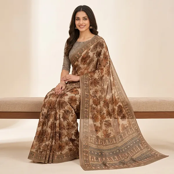 Brown_And_Beige_Pure_Georgette_Saree_Matching_Blouse_Piece_For_Women