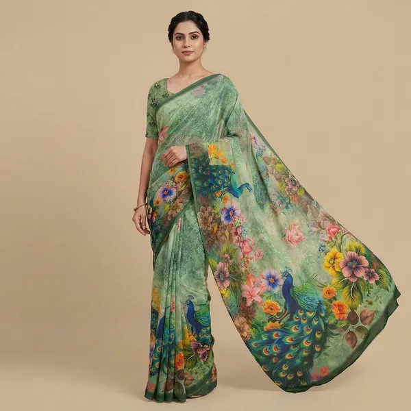 Green_Pure_Georgette_Saree_Matching_Blouse_Piece_For_Women