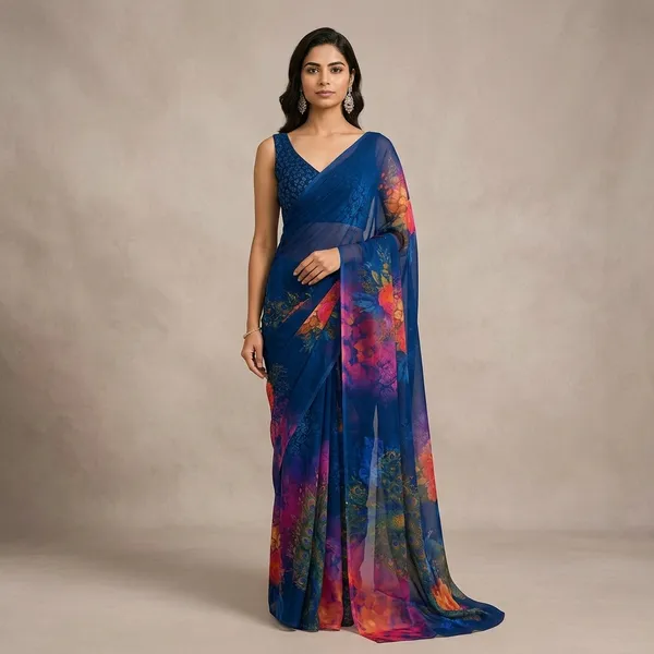 Blue_Pure_Georgette_Saree_Matching_Blouse_Piece_For_Women