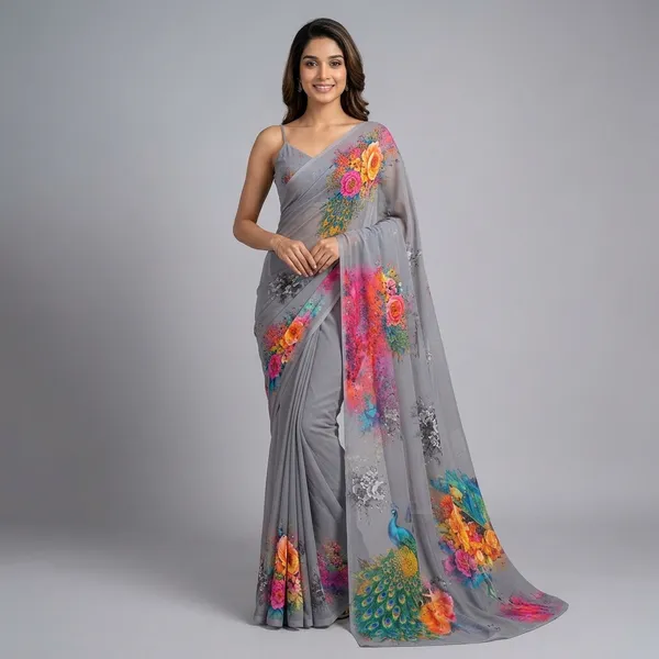 Grey_Pure_Georgette_Saree_Matching_Blouse_Piece_For_Women